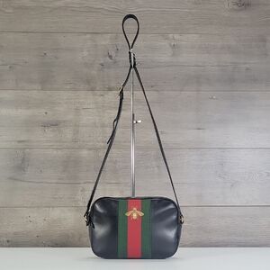 Gucci Black Leather Shoulder Bag with Red and Green Web Stripe